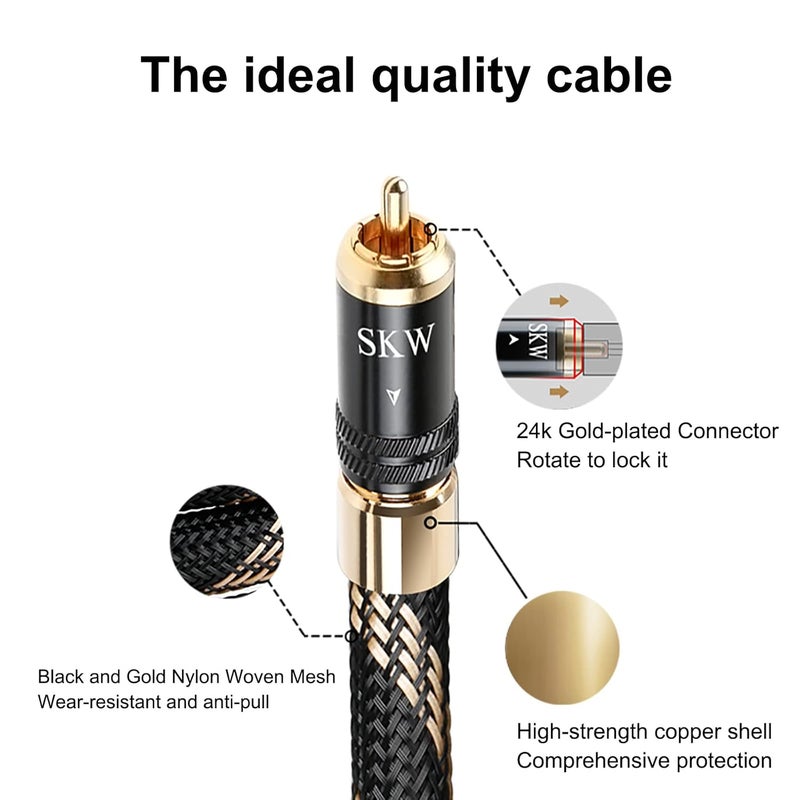 SKW كابل RCA قفل سوب ووفر لعشاق الصوت RCA إلى RCA متعدد الدرع مع كابل كوكسيل رقمي من النحاس النقي للغاية لأنظمة HiFi بطول 6.5 قدم/2 متر - Image 2
